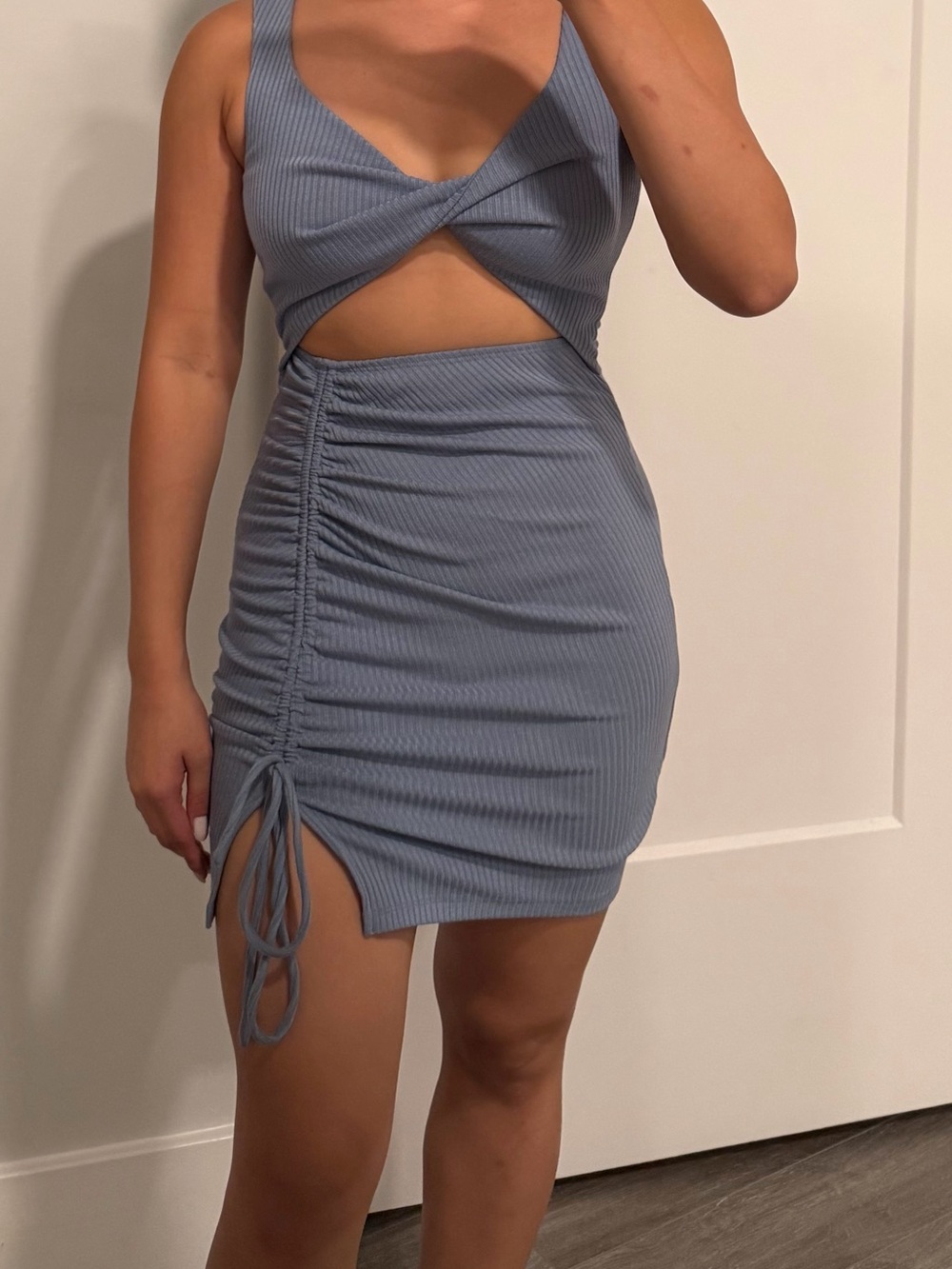 Hello Molly Steel Blue Ribbed Ruched Mini Dress - Picture 2 of 3